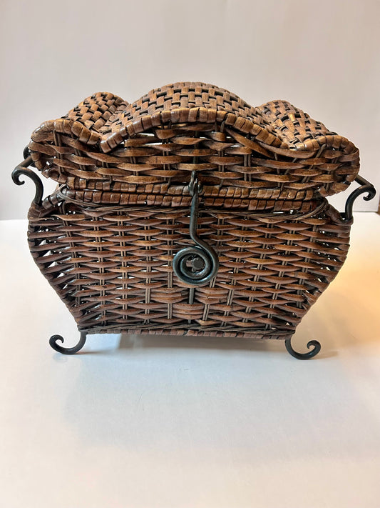 Vintage Woven Wicker Chest with Wrought Iron Scroll Feet & Twisted Metal Handles