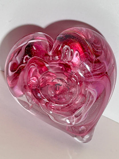 Vintage Signed Pink Swirl Glass HeartPaperweight & Floral Gem Votive