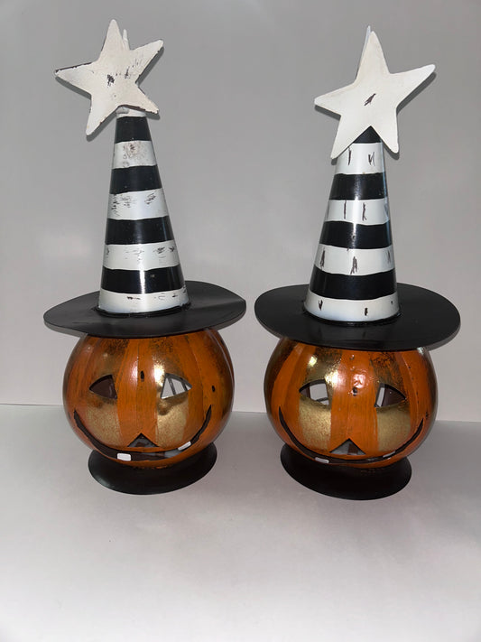 Pair of Metal Jack O Lantern Figurines With Black & White Hat & Led Lights