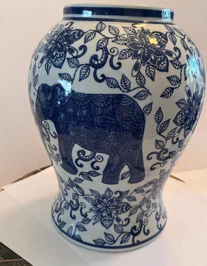 New Blue & White Porcelain 15" Elephant Lidded Jar Vase.