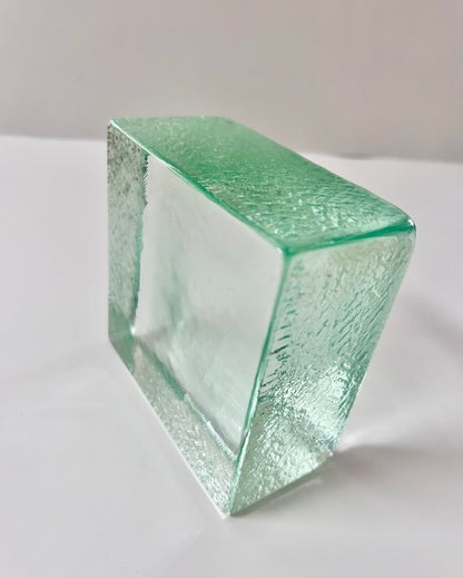 Vintage (1960's) Scandinavian Aqua Textured Large (5") block Art Glass Paperweight