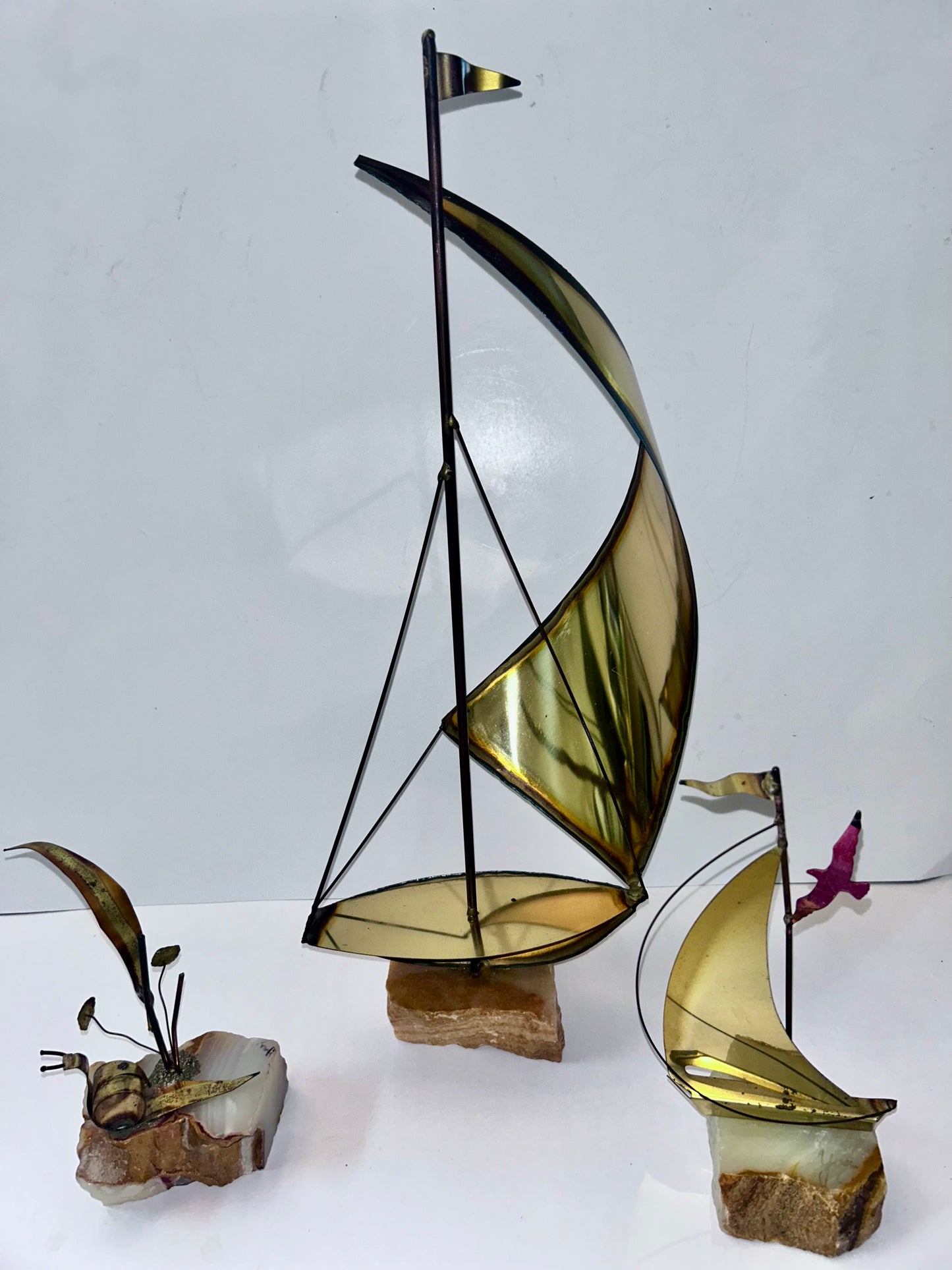Vintage Mid-Century Modern Brass & Onyx Nautical Sculpture Set of 3