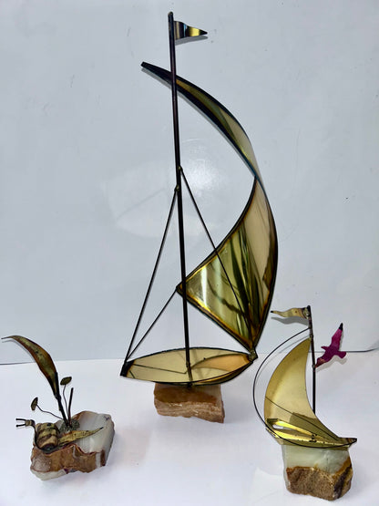 Vintage Mid-Century Modern Brass & Onyx Nautical Sculpture Set of 3