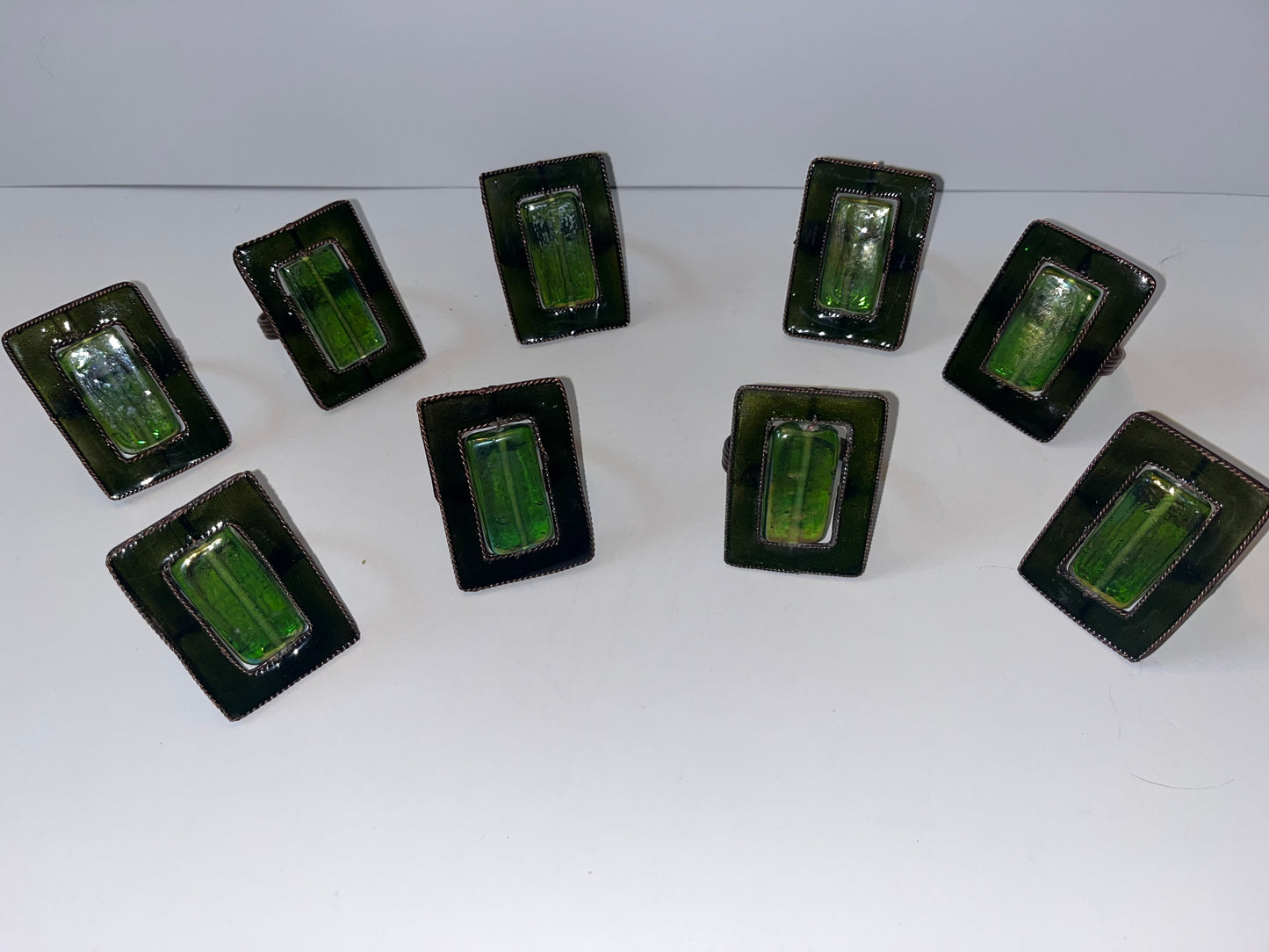 Vintage Pier One Artisan Green Dichroic Glass Napkin Rings (Set of 9)