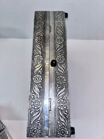 Vintage 4-Piece Handcrafted Embossed Silver Vanity & Jewelry Box Set w/ Coasters