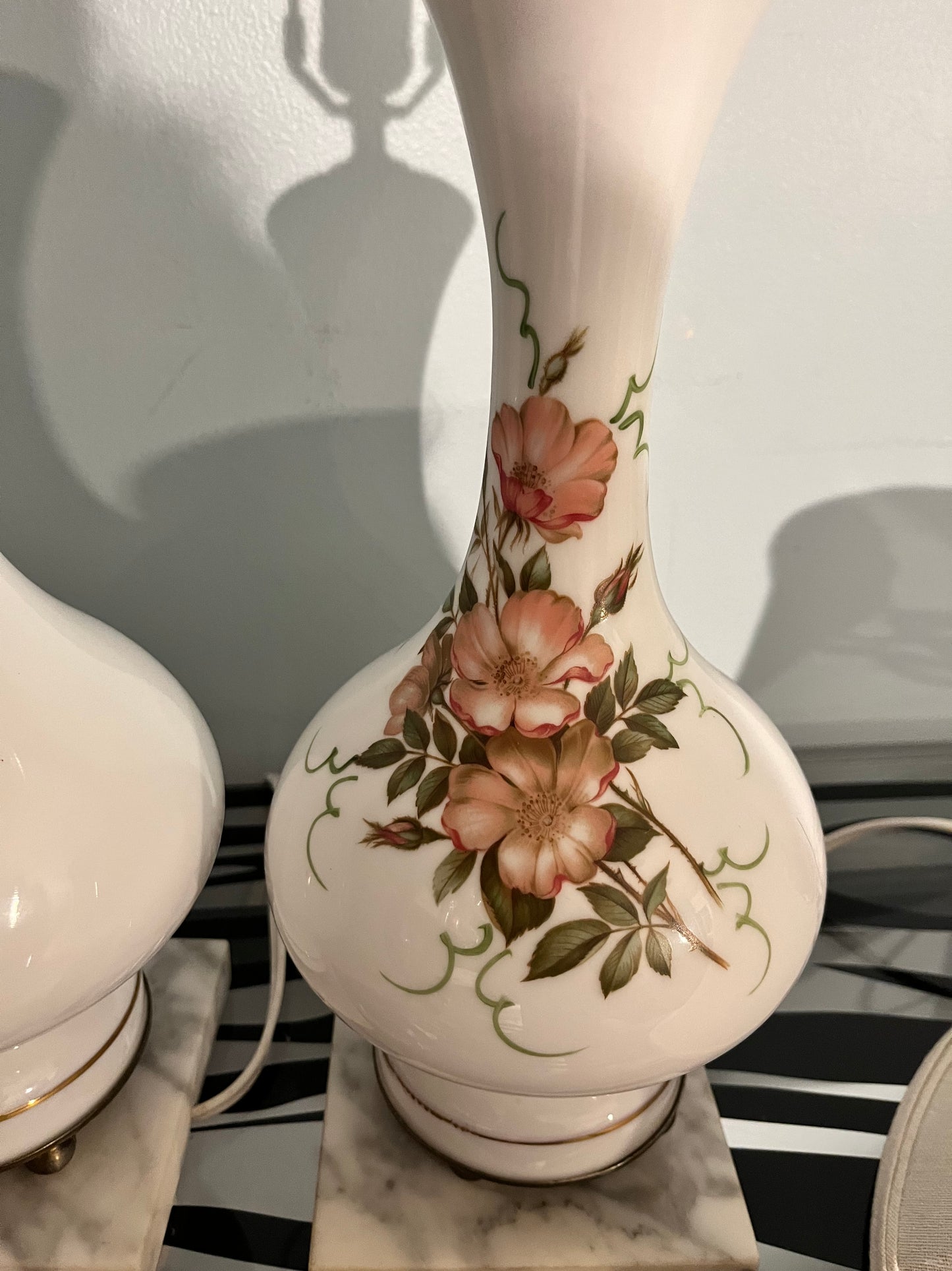 Mid - Century Italians Hand-Painted Milk Glass Lamps – Glossy Finish with Genuine Carrara Marble Base