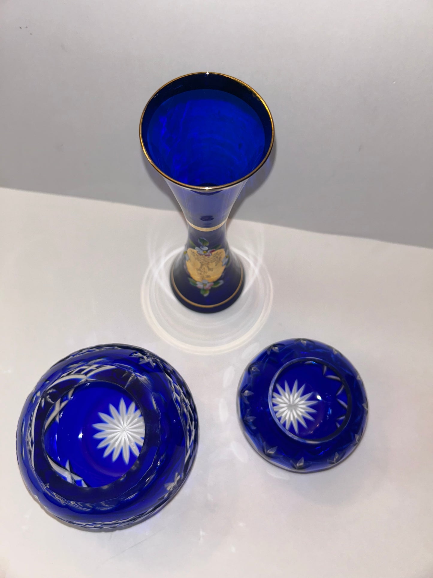 Trio of Bohemian Cobalt Blue Art Glass Vases - Hand-Painted Floral & Cut Crystal Designs