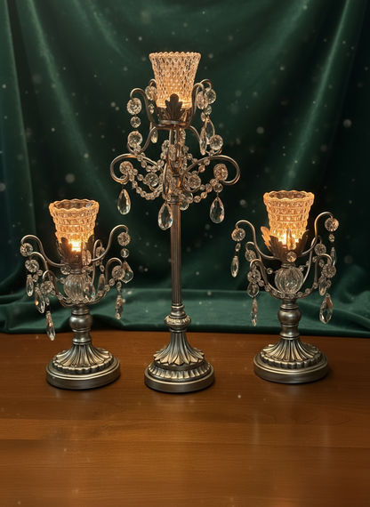 3-Piece Silver Chandelier Candelabra Set with Hurricane Cups | Elegant Wedding Centerpieces