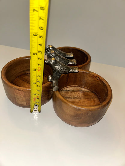 Charming Handcrafted Wooden Condiment Snack Bowls with Pewter Bird Accents