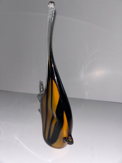 Magnificent Mid-Century Modern Amber & Black Striped Hand Blown Art Glass Angelfish 
Sculpture - Murano Style