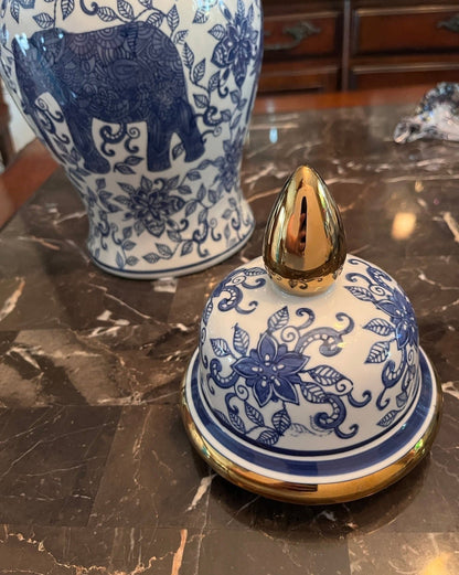 New Blue & White Porcelain 15" Elephant Lidded Jar Vase.
