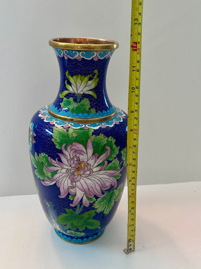 Vintage Cloisonné Over Copper Vase 12" H - Chrysanthemum & Butterfly Design