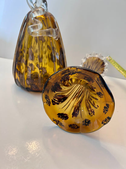 Stunning Mid-Century Modern Art Glass Hand Blown Set |Ruffled Flute Vase & Ribbed Pumpkin