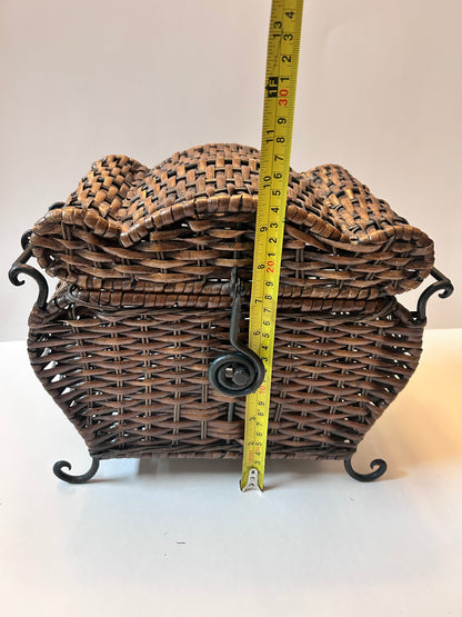 Vintage Woven Wicker Chest with Wrought Iron Scroll Feet & Twisted Metal Handles