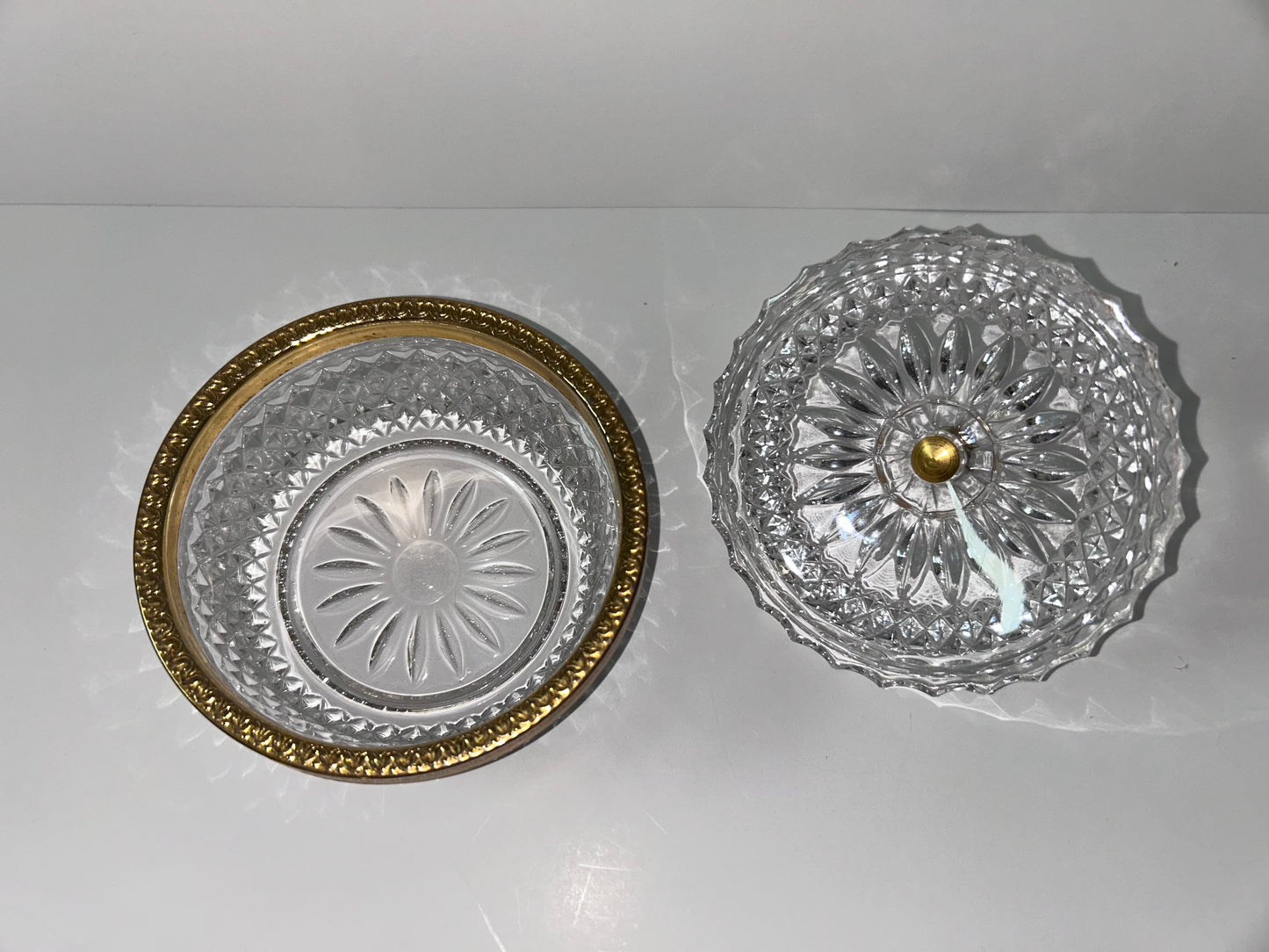 Vintage Baccarat Style Diamond Cut Crystal (4.5”) Candy Dish/ Powder Box with Gilt Bronze Rim