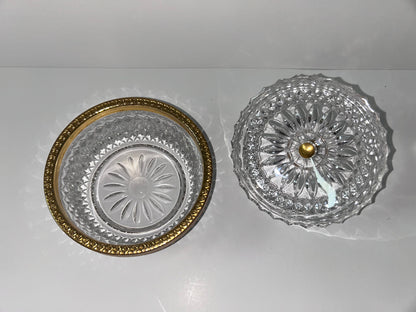 Vintage Baccarat Style Diamond Cut Crystal (4.5”) Candy Dish/ Powder Box with Gilt Bronze Rim