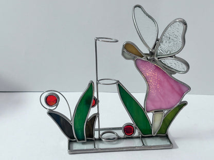 Vintage Stained Glass Candle Holder Lot (Set of 4) - Pink Flower with Blue Butterfly, Angel, Fairy Garden & Jeweled Votive Cup