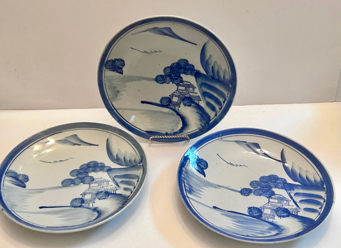 Set of 3 Antique Japanese Arita Plates -Late Edo Period (c. 1860-1880)
– Mountain Landscape – 9"