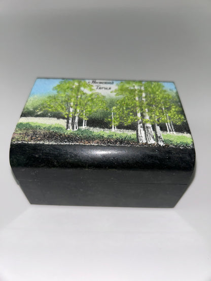 Vintage Russian Green Ural Serpentine Small Trinket Mosaic Hinged Casket - Birch Tree Scene