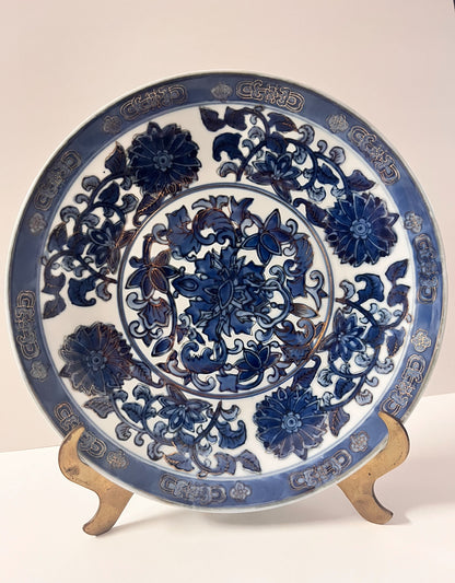 Unique Chinese Blue & White Golden Details Hand Painted Decorative Plate