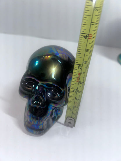 Title: 4-Piece Iridescent Halloween Decor Set:
Ceramic Skull & Pumpkin with Glass Pillar Candle Holders