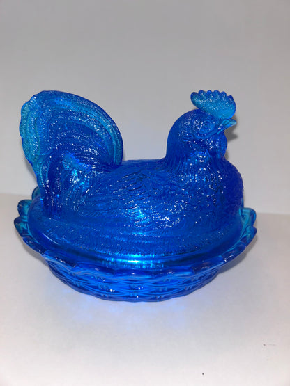 Vintage Hand Blown Glass Art Rooster on Nest Dish and Figurine Set