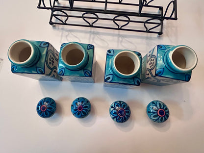 Artisan Hand-Painted Blue & White Indian Ceramic Spice Jar Set (4 Jars) w/ Metal Caddy