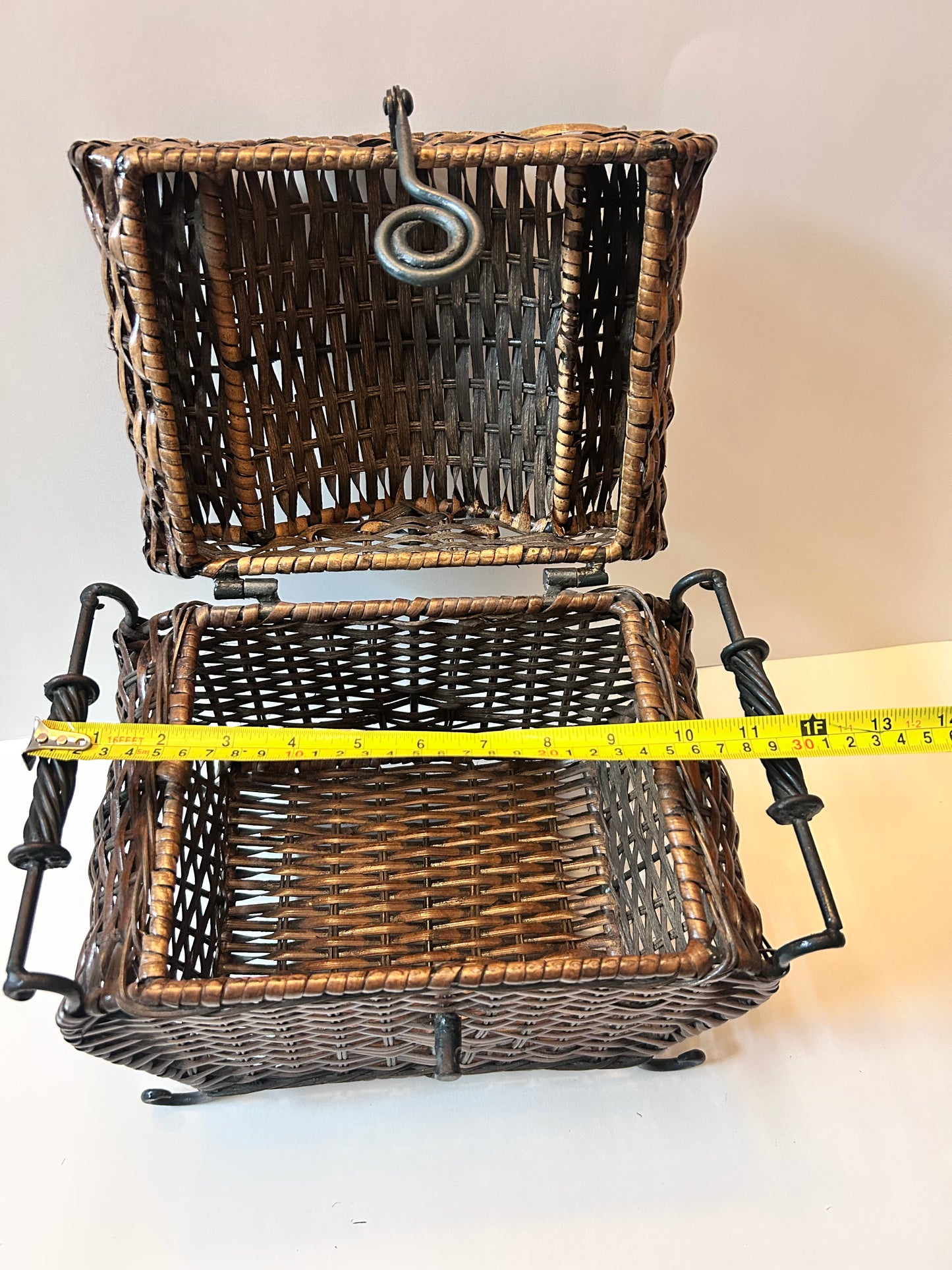 Vintage Woven Wicker Chest with Wrought Iron Scroll Feet & Twisted Metal Handles