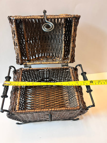 Vintage Woven Wicker Chest with Wrought Iron Scroll Feet & Twisted Metal Handles