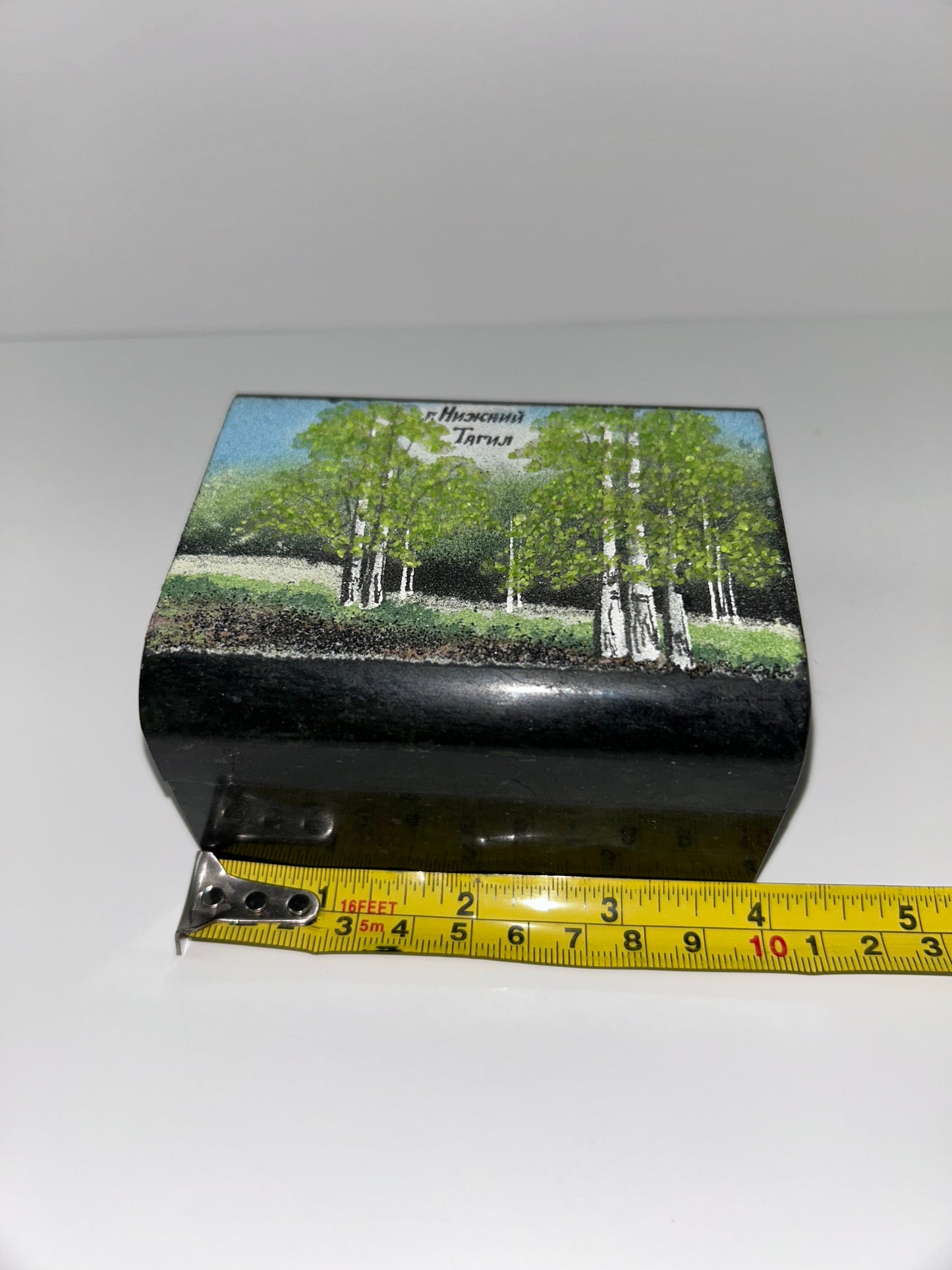 Vintage Russian Green Ural Serpentine Small Trinket Mosaic Hinged Casket - Birch Tree Scene