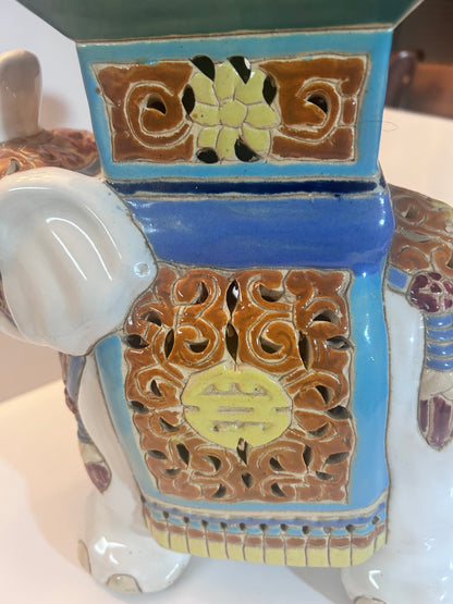 Vintage Chinese Export Style Ceramic Elephant Garden Stool / Plant Stand, 12”Tall, Chinoiserie Decor
