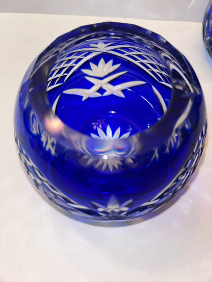 Trio of Bohemian Cobalt Blue Art Glass Vases - Hand-Painted Floral & Cut Crystal Designs