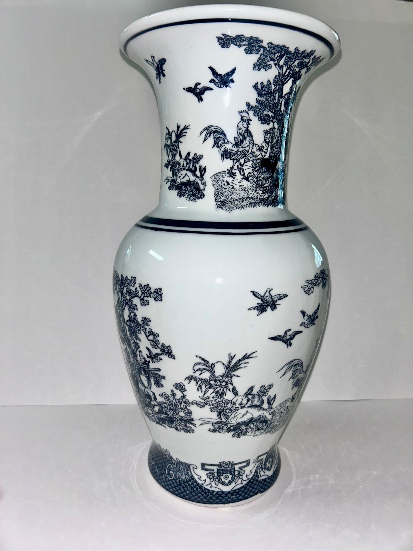 Vintage Black and White Porcelain Chinoiserie Vase - Rooster, Hen, & Rabbit Motif (14”)