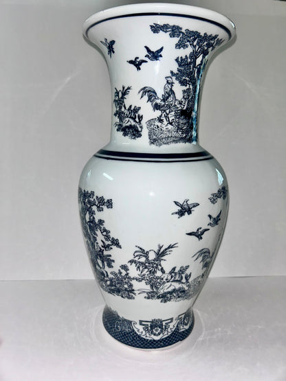 Vintage Black and White Porcelain Chinoiserie Vase - Rooster, Hen, & Rabbit Motif (14”)