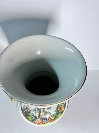 Vintage Abingdon Pottery USA Gold & Powder Blue Urn Vase - Fragonard Courting Couple
(#563)