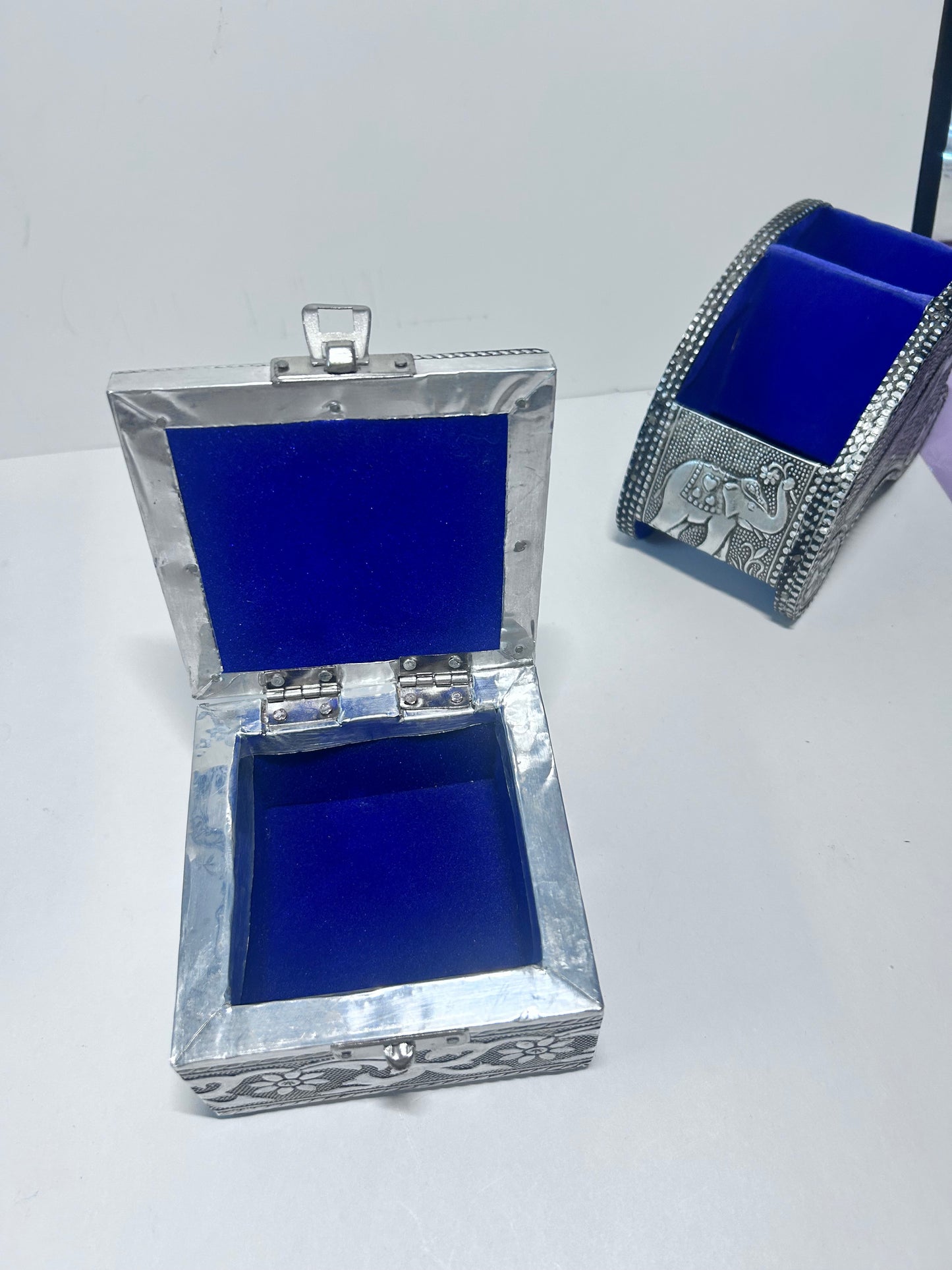 Vintage 4-Piece Handcrafted Embossed Silver Vanity & Jewelry Box Set w/ Coasters