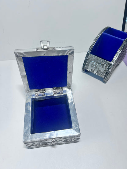 Vintage 4-Piece Handcrafted Embossed Silver Vanity & Jewelry Box Set w/ Coasters