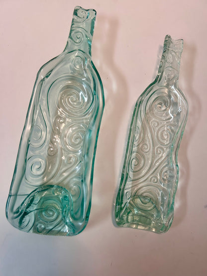 Pair of Melted / Slumped Glass Wine Bottle Serving Dishes with Embossed Swirl Pattern ( L- M Size)