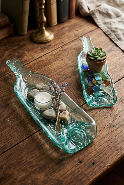 Pair of Melted / Slumped Glass Wine Bottle Serving Dishes with Embossed Swirl Pattern ( L- M Size)