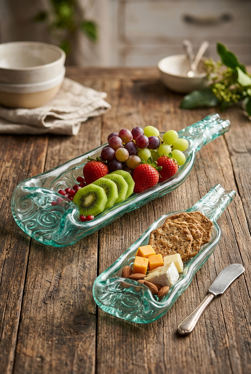 Pair of Melted / Slumped Glass Wine Bottle Serving Dishes with Embossed Swirl Pattern ( L- M Size)