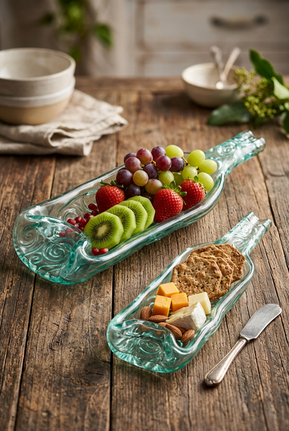 Pair of Melted / Slumped Glass Wine Bottle Serving Dishes with Embossed Swirl Pattern ( L- M Size)