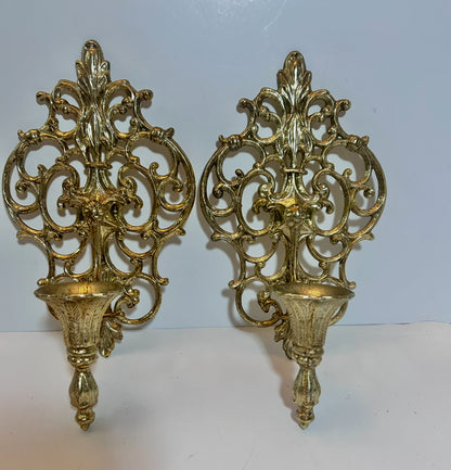 Pair of Vintage Mid Century Filigree Brass/Brass Plated Wall Sconces Candle Holders, French Rococo Style