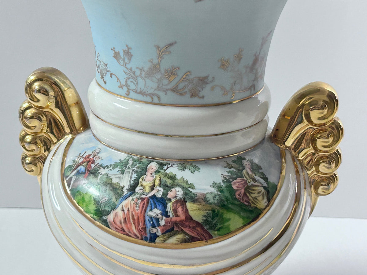 Vintage Abingdon Pottery USA Gold & Powder Blue Urn Vase - Fragonard Courting Couple
(#563)