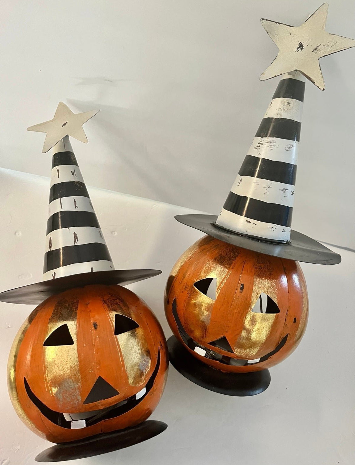 Pair of Metal Jack O Lantern Figurines With Black & White Hat & Led Lights