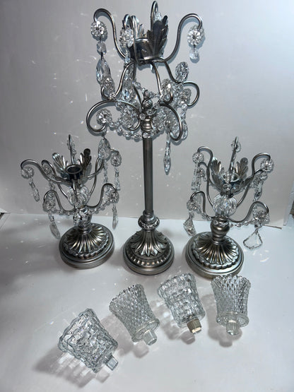 3-Piece Silver Chandelier Candelabra Set with Hurricane Cups | Elegant Wedding Centerpieces