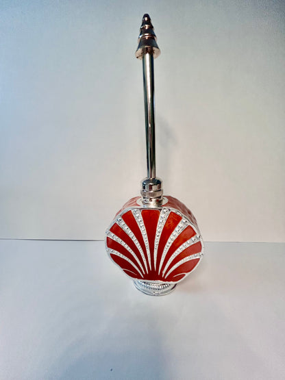 Vintage 3-Piece Red Enamel & Silver-Tone Shell Vanity Set - Perfume Sprinkler, Powder Jar & Dabber Bottle