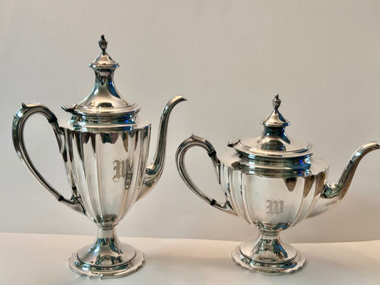 Vintage Chippendale International Silver Co. Pair of Silver-Plated Tea/Coffee Pots Engraved Monogram “M”