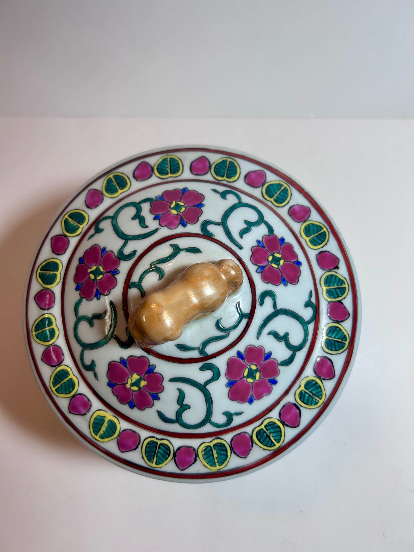 Antique Chinese Famille Rose (8”)Porcelain Covered Bowl with Foo Dog Finial