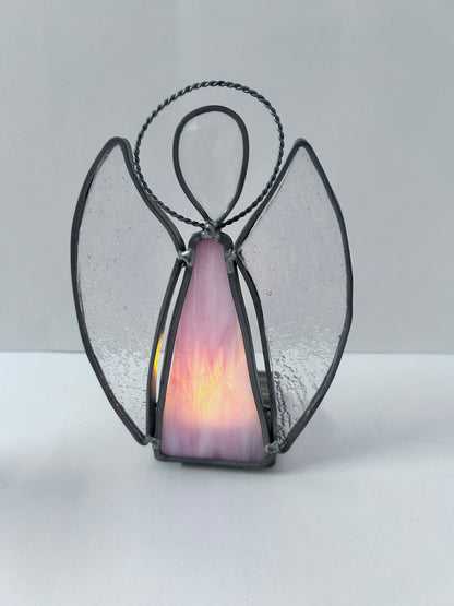 Vintage Stained Glass Candle Holder Lot (Set of 4) - Pink Flower with Blue Butterfly, Angel, Fairy Garden & Jeweled Votive Cup
