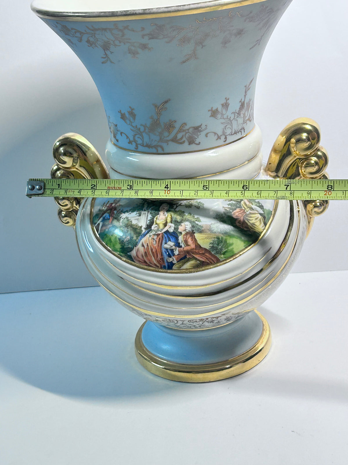 Vintage Abingdon Pottery USA Gold & Powder Blue Urn Vase - Fragonard Courting Couple
(#563)